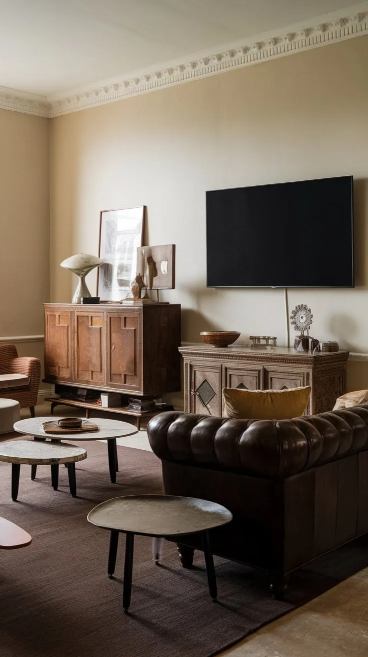A dark brown leather sofa anchors a traditional family room with a mounted TV, unique coffee tables, and antique accents against a light beige wall and dark brown rug.