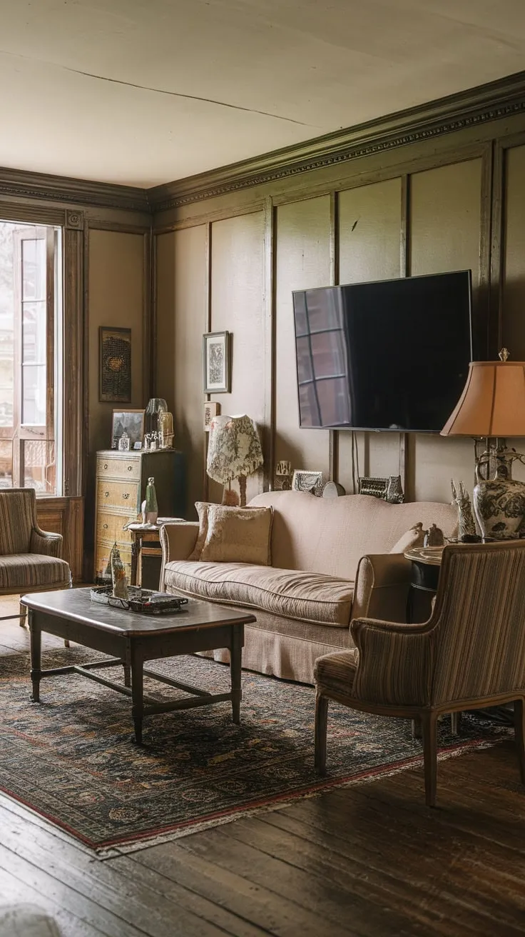 Warm wooden floors and classic furnishings create a cozy atmosphere perfect for family movie nights in this traditional family room with a large TV.