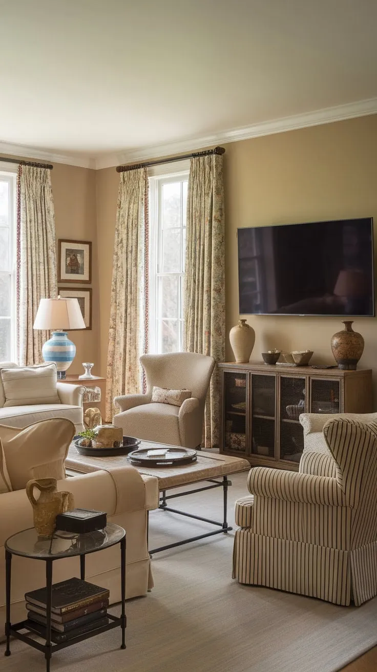 Relax and unwind in a traditional family room featuring a large TV, plush seating, and subtle vintage charm.