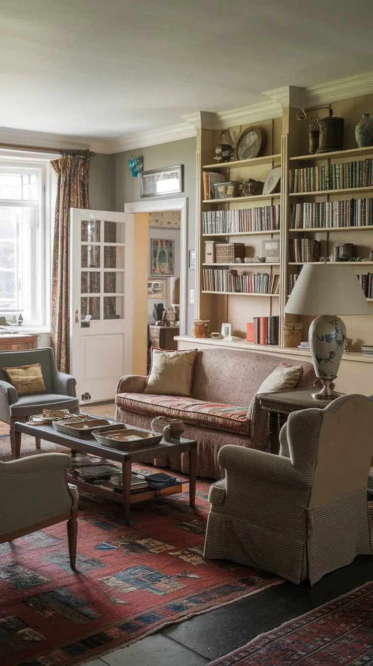 A vintage-styled family room, complete with comfy seating, a bookshelf, and a welcoming atmosphere perfect for movie nights centered around a TV.