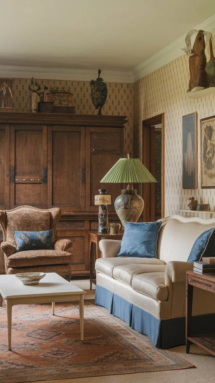 Relax and unwind in a charming traditional family room, complete with a vintage aesthetic and comfortable seating surrounding a television.