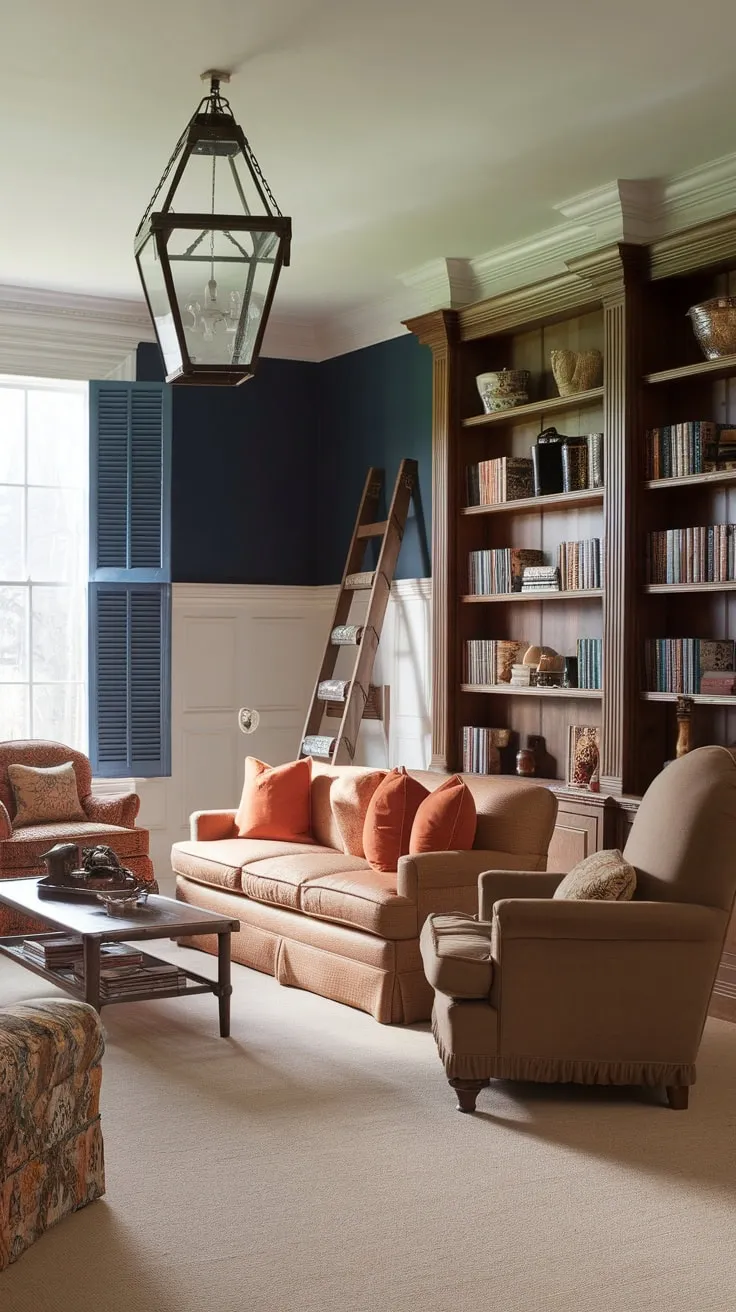 A vintage-inspired family room boasts a cozy beige sofa, patterned armchair, and dark blue accent wall perfect for movie nights.