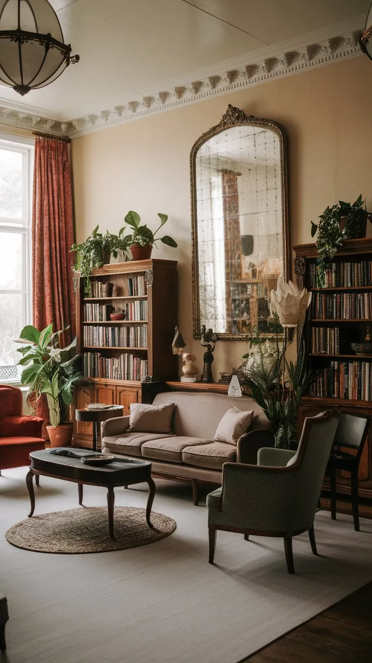 A vintage-inspired family room boasts a cozy atmosphere with comfortable seating, a large TV implied, and elegant décor enhancing the high-ceilinged space
