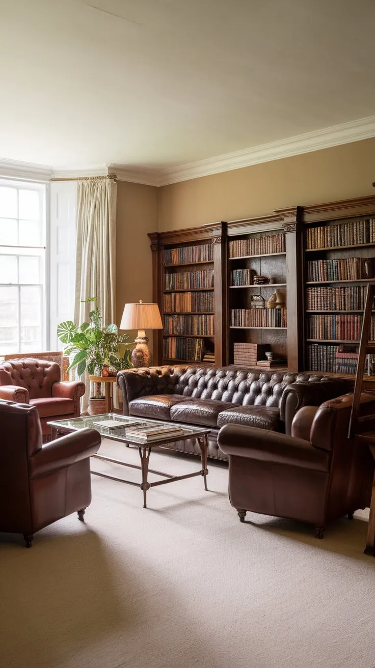 A vintage-inspired family room features a plush leather seating arrangement centered around a glass coffee table, complemented by warm beige tones and a charming bookshelf.