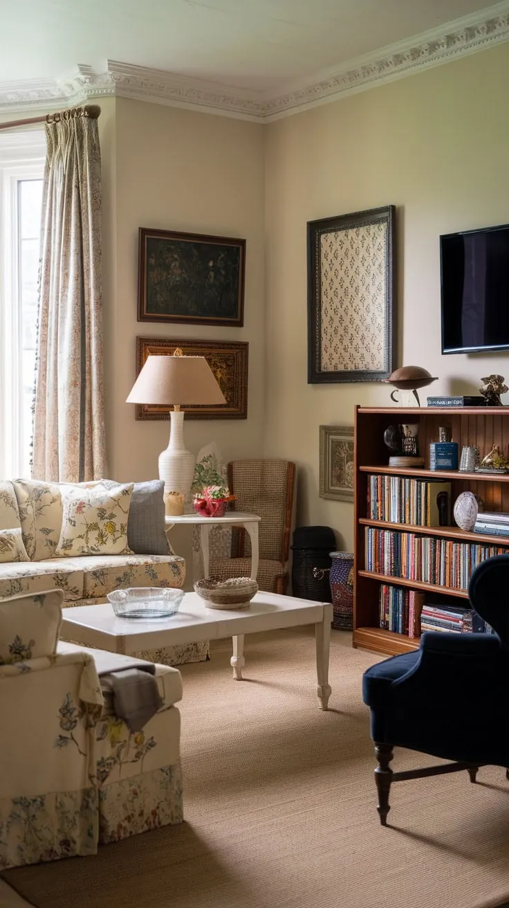 A traditional family room boasts a comfortable seating arrangement centered around a mounted TV, complemented by vintage décor and a large window for natural light.