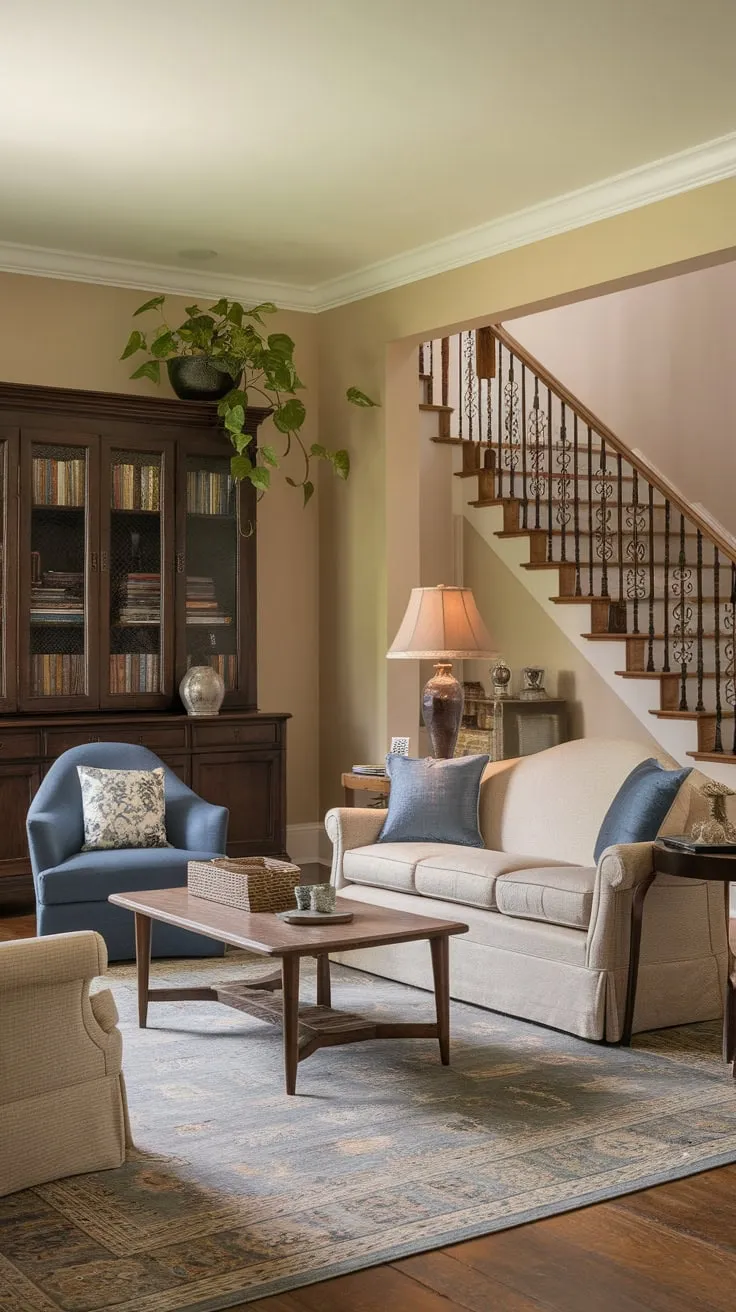 A vintage-inspired family room features a cozy beige sofa and blue accents centered around a wooden coffee table and TV implied by the room's relaxed setup