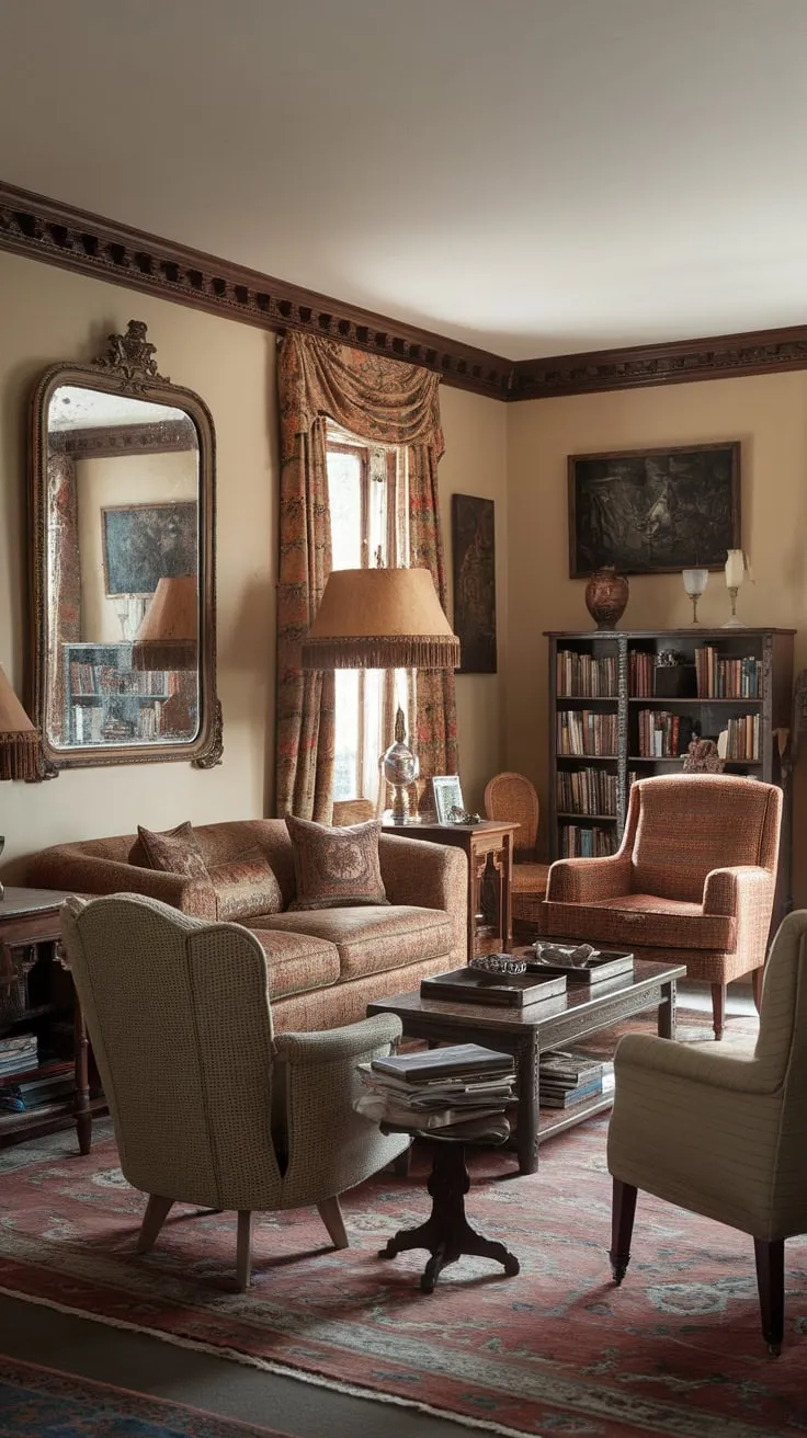 A warm, traditional family room features a vintage aesthetic, complete with comfortable seating, a large TV implied by the space, and rich earthy tones creating a cozy atmosphere