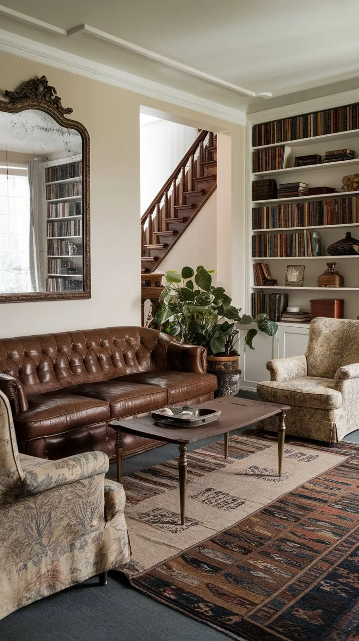 A traditional family room's rich leather furniture, ornate mirror, and curated bookshelf create a cozy atmosphere centered around a large television, ideal for family gatherings.