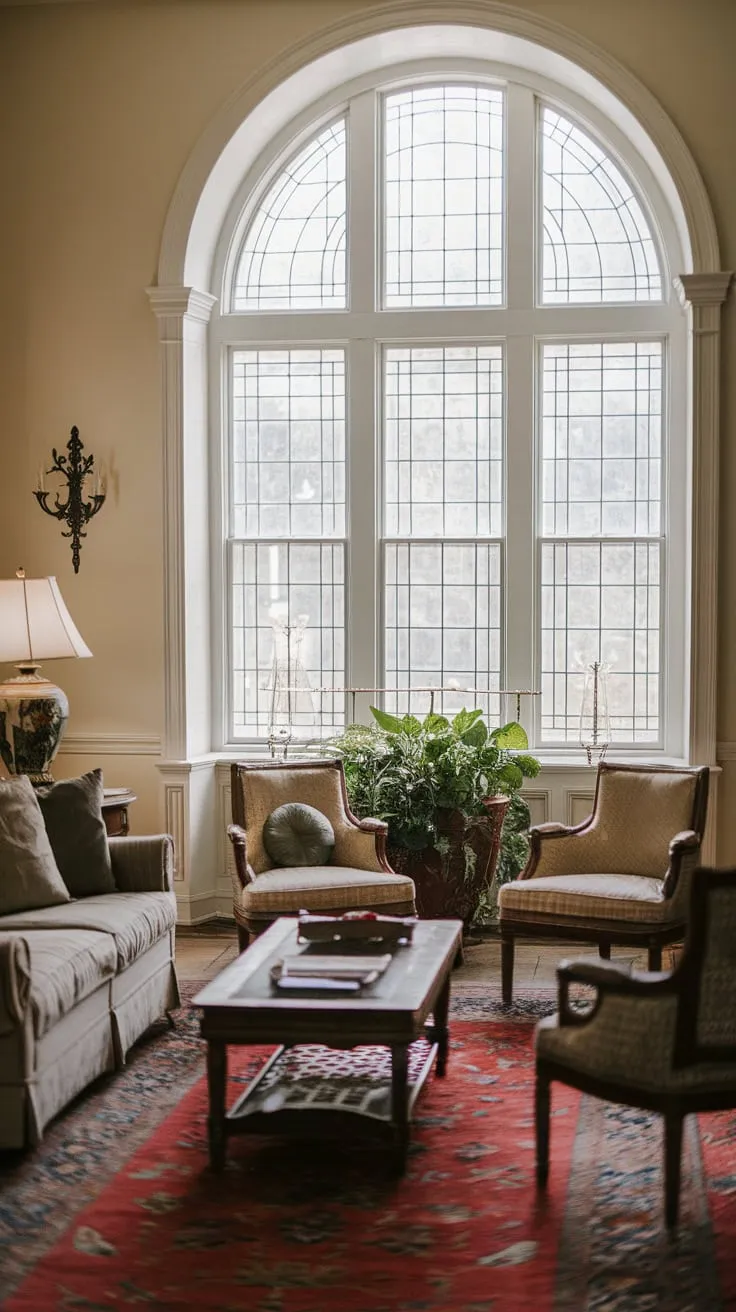 A traditional family room's arched window and cozy furnishings create a warm and inviting atmosphere centered around a television.