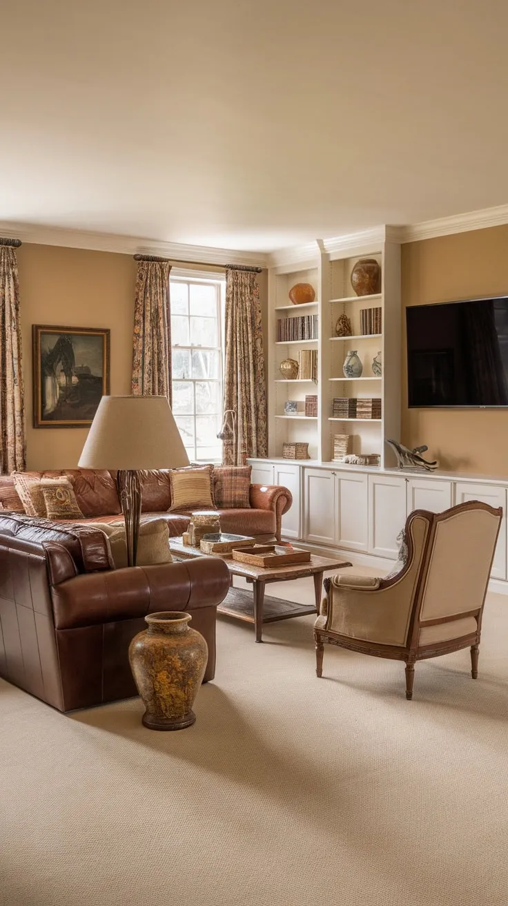 A warm and cozy traditional family room features a large leather sofa, mounted TV, and vintage accents creating a relaxing atmosphere