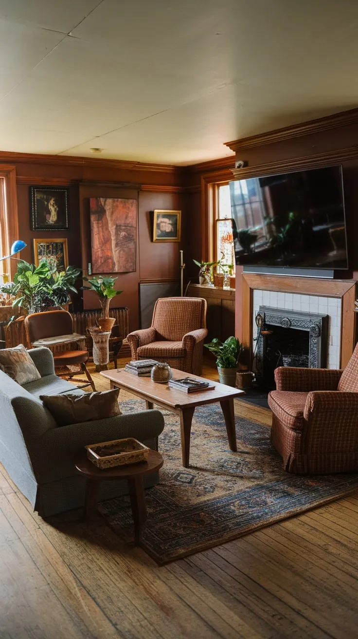 A warm and cozy traditional family room features a vintage interior, fireplace, comfy seating, and a large TV, creating the perfect space for family gatherings.