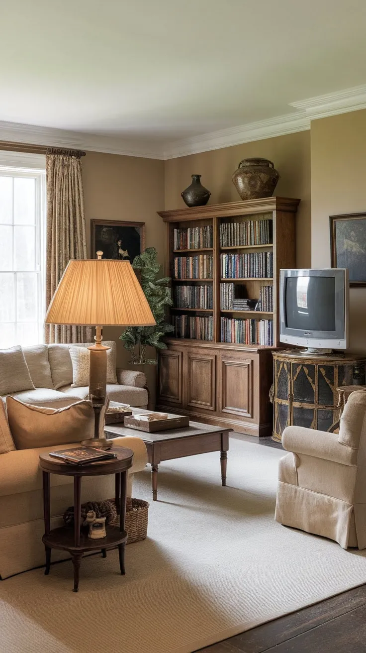 Warm beige tones and vintage details create a cozy family room perfect for movie nights around the TV.