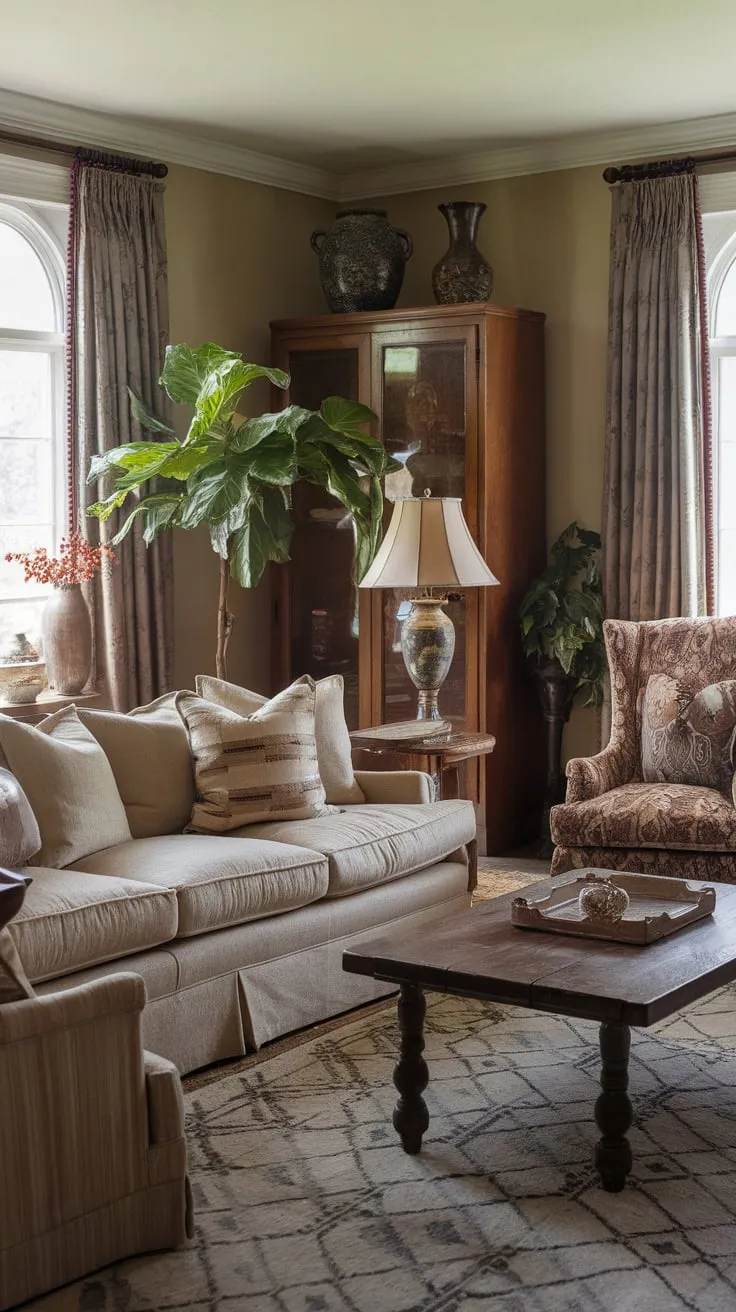 A vintage-inspired family room boasts a cozy beige sofa, wooden accents, and a geometric rug creating a warm and inviting atmosphere perfect for family movie nights