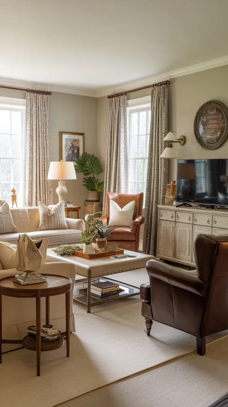 A vintage-inspired family room features a beige sofa, brown leather chair, and TV, creating a cozy and traditional atmosphere