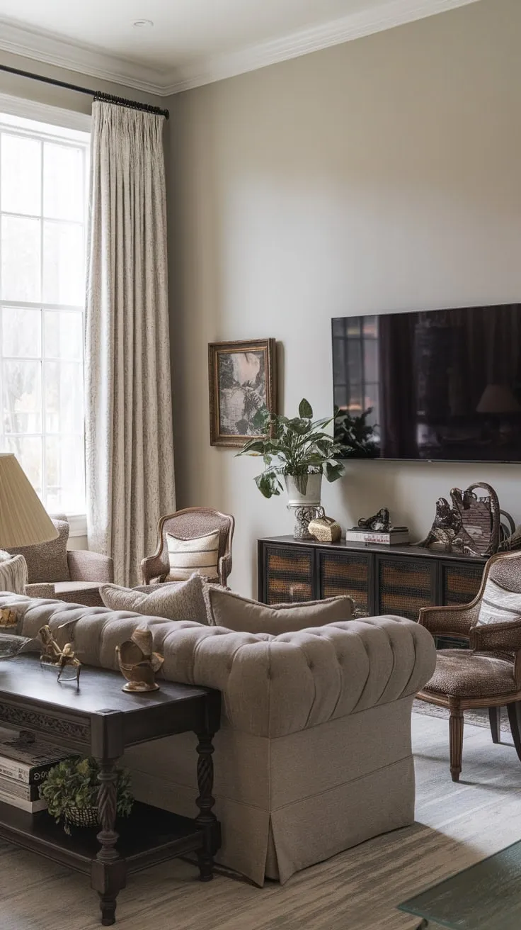 Relax and unwind in a traditional family room with a large TV, comfortable gray furniture, and vintage charm.