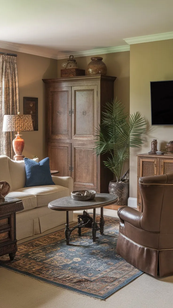 A traditional family room boasts a mounted TV amidst beige walls, patterned rugs, and comfortable furniture for relaxed family viewing.