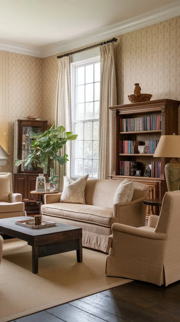 A vintage-inspired family room features a beige color scheme, dark wood accents, and a cozy atmosphere perfect for relaxing around the TV.