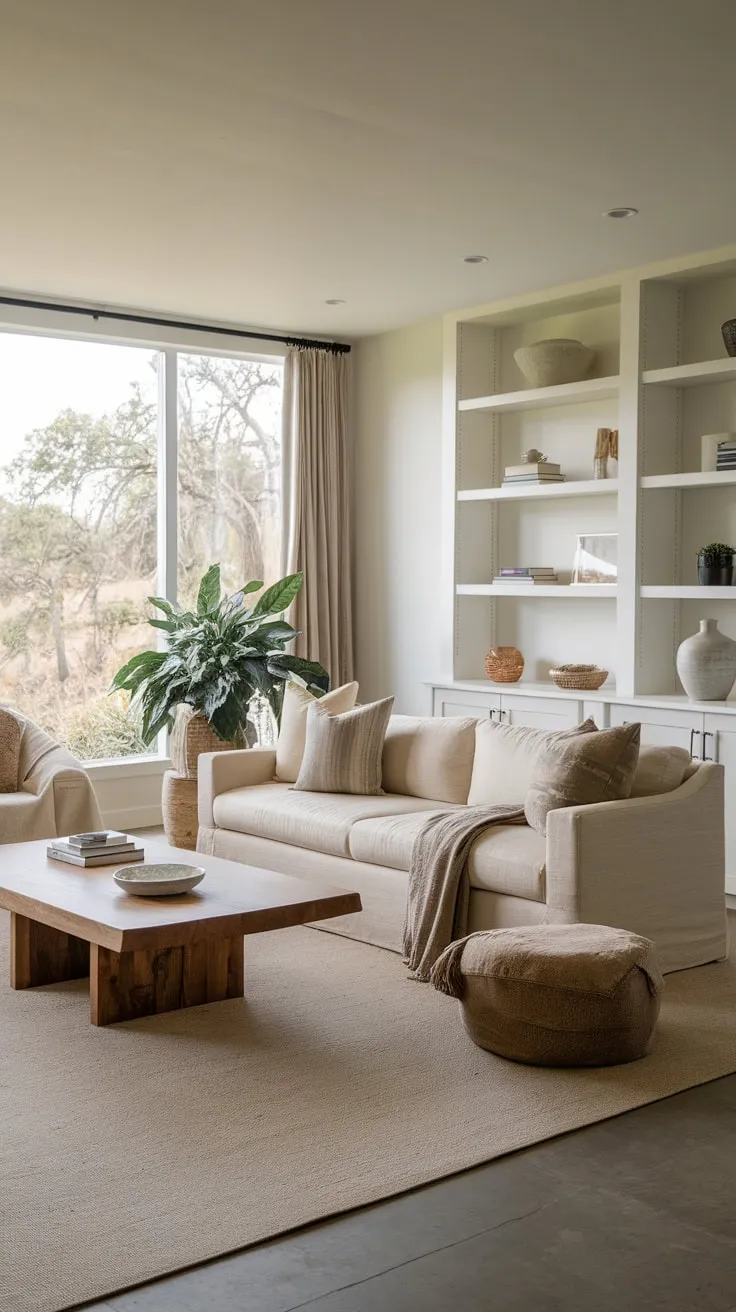 Neutral colors and natural light create a calming and inviting atmosphere in this family-friendly space.