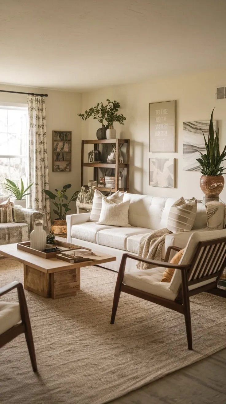 A warm inviting modern farmhouse family room boasts a neutral palette, wooden accents, and cozy furnishings perfect for relaxation.