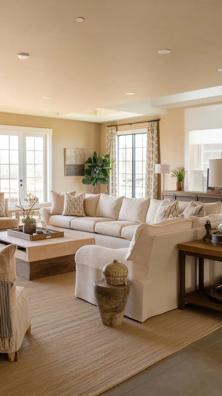 A warm and inviting modern farmhouse family room features a neutral palette, comfortable beige sectional, and tasteful wooden accents.