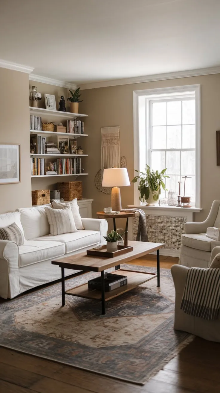 A cozy neutral family room boasts a modern farmhouse feel with a white sofa patterned rug and ample bookshelves creating a warm inviting space