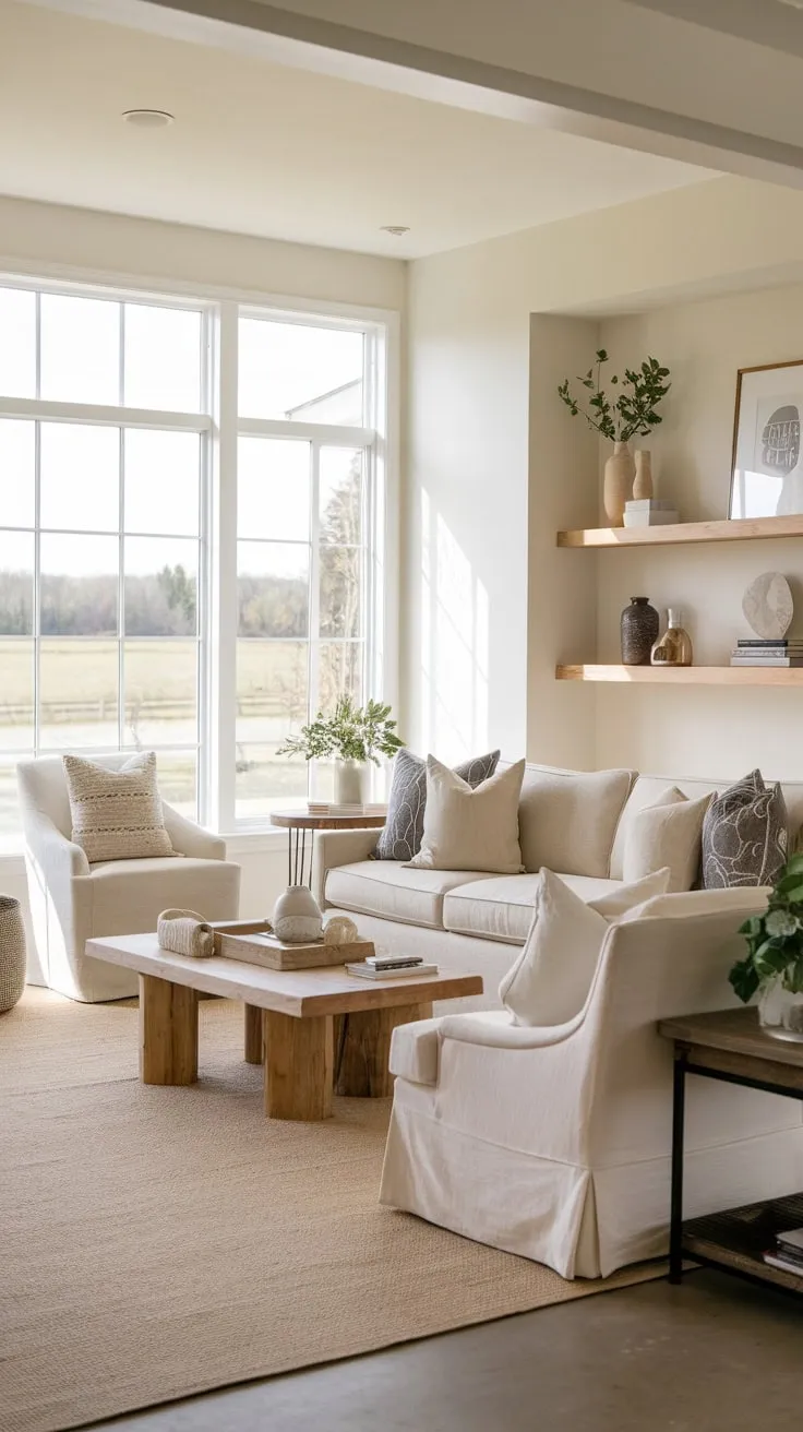 A serene modern farmhouse family room boasts a neutral palette, natural light, and cozy furnishings creating a welcoming atmosphere