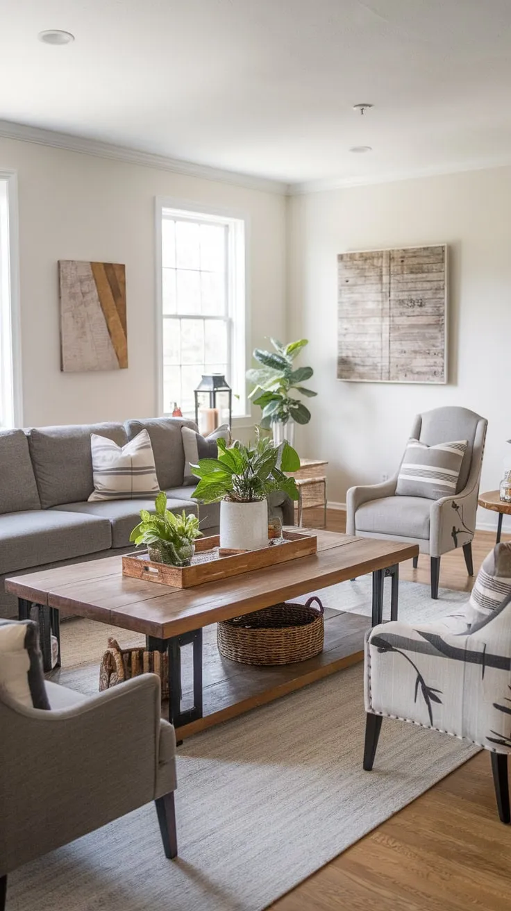 Rustic charm meets modern comfort in this family room, featuring a gray sofa and wooden elements against a backdrop of white walls.