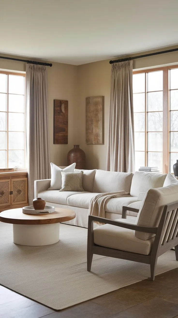 A calming modern farmhouse family room features a neutral palette and natural wood accents creating a cozy and inviting atmosphere