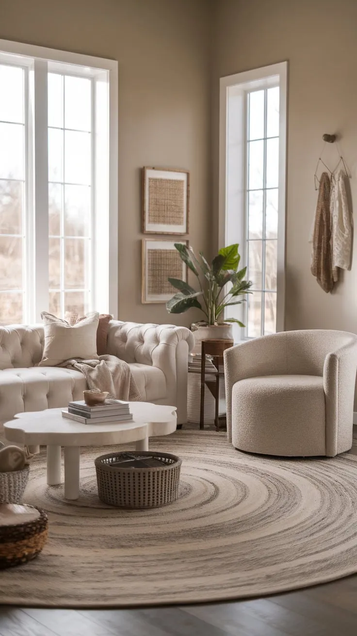 Plush seating, natural light, and a neutral modern farmhouse design create a welcoming and cozy family room.