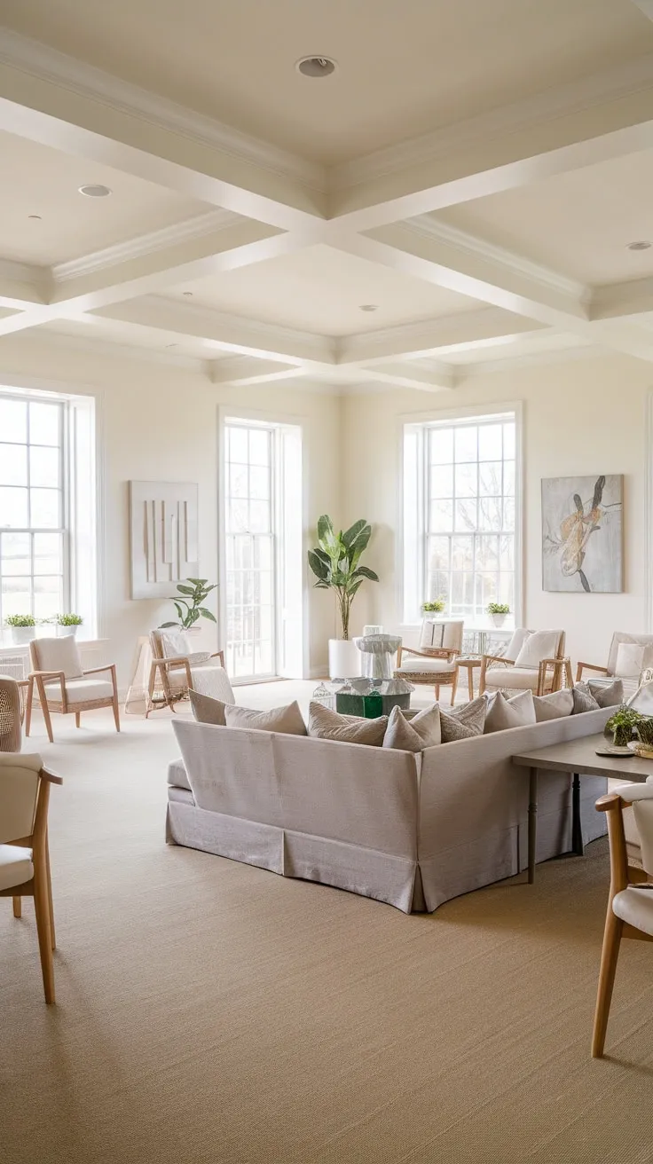 Neutral tones and light wood create a serene and inviting modern farmhouse family room ideal for comfortable family time.