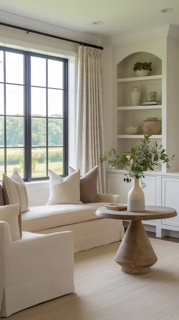 Neutral tones and natural elements define this modern farmhouse family room, offering a tranquil escape with stunning landscape views.
