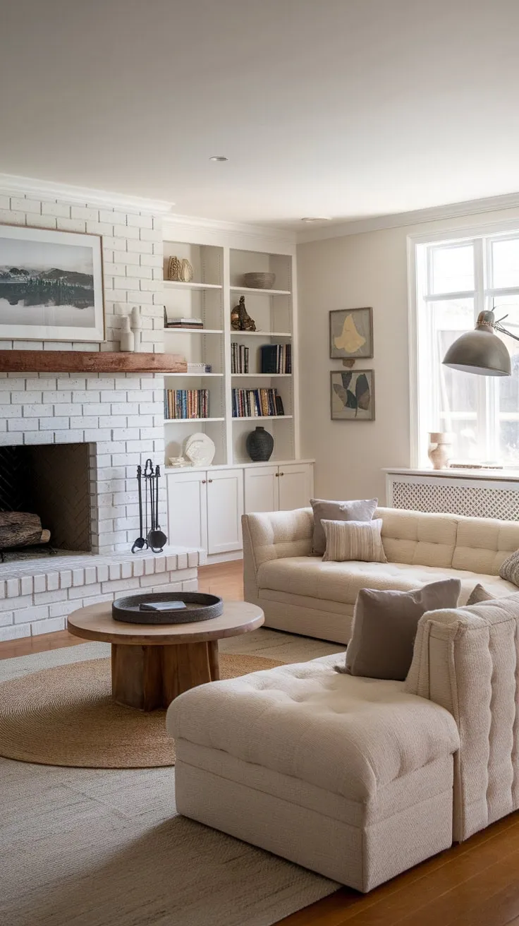 A modern farmhouse family room boasts a cozy beige sofa, hardwood floors, and a white brick fireplace creating a warm and inviting atmosphere