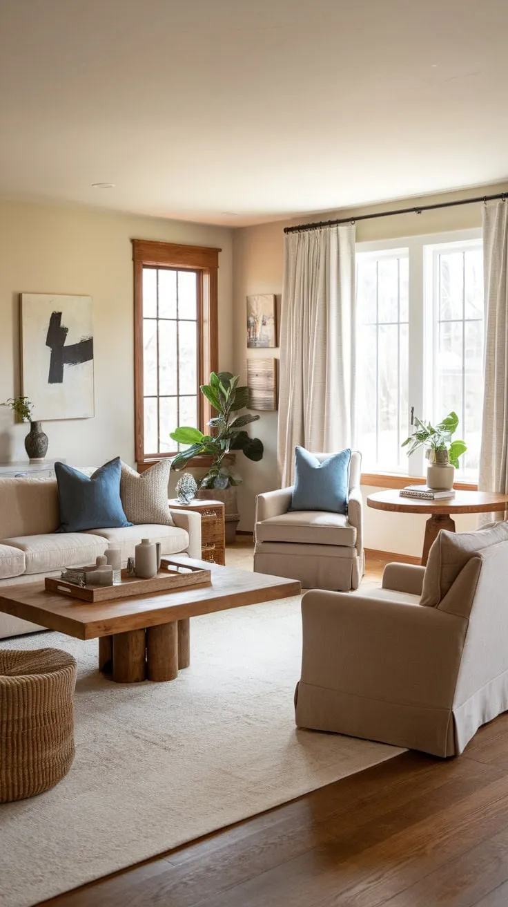 Neutral tones and natural wood create a cozy modern farmhouse family room perfect for relaxation and togetherness.