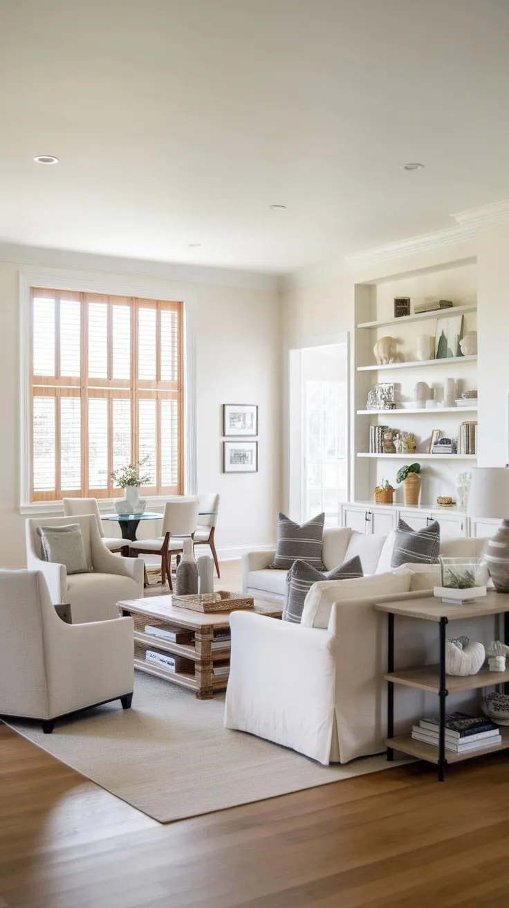 White walls, wooden shutters, and comfortable furniture create a welcoming modern farmhouse family room ideal for relaxation and gatherings.