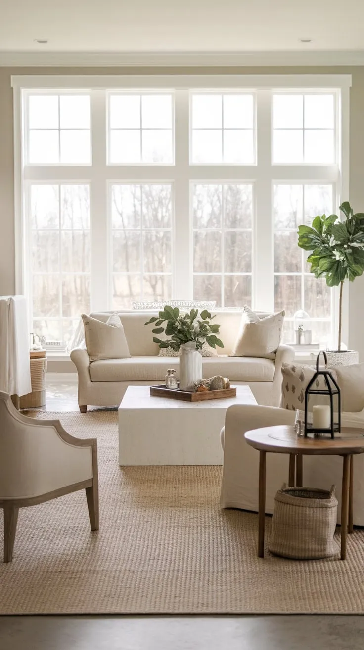 Sunlight streams into a serene modern farmhouse family room, furnished with neutral tones and inviting textures.