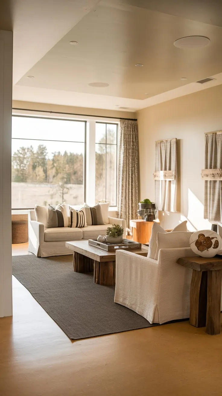 A cozy modern farmhouse family room boasts natural light, neutral tones, and comfortable furnishings creating a relaxing atmosphere