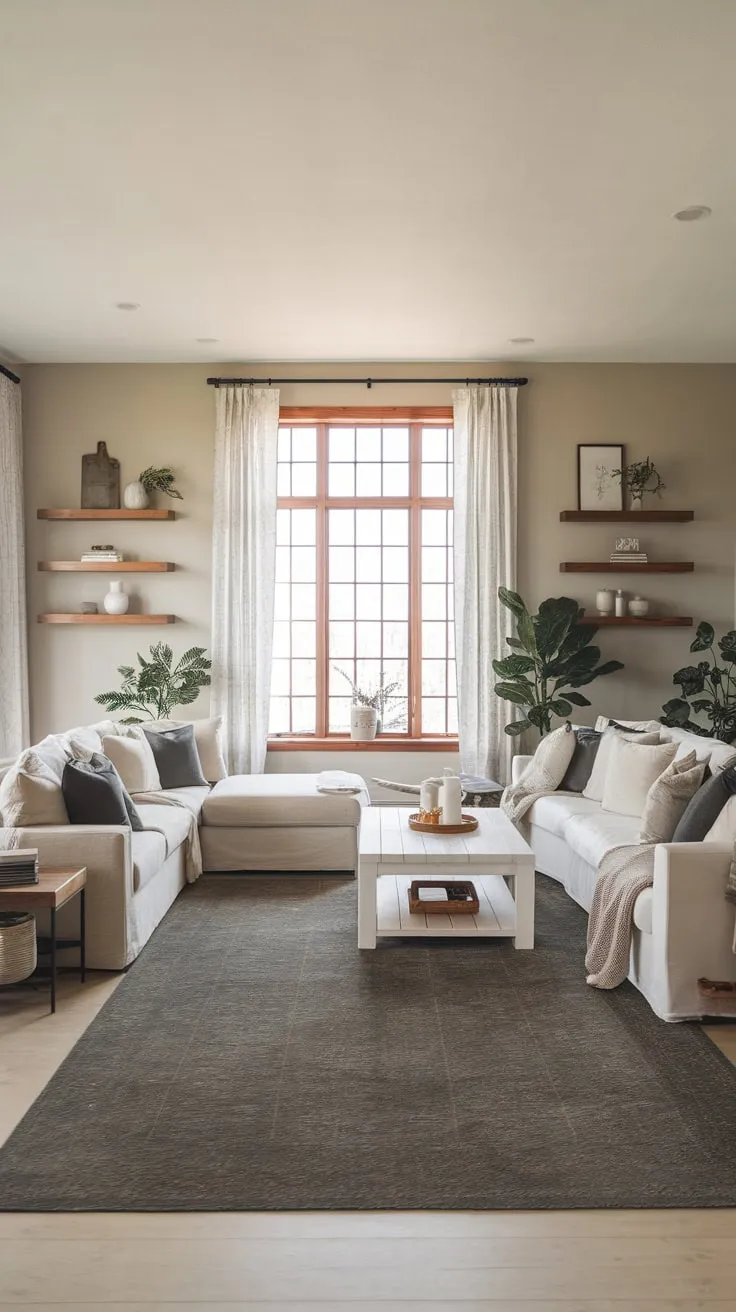 Light-filled and airy, a modern farmhouse family room offers a relaxing space with neutral tones and comfortable furnishings.