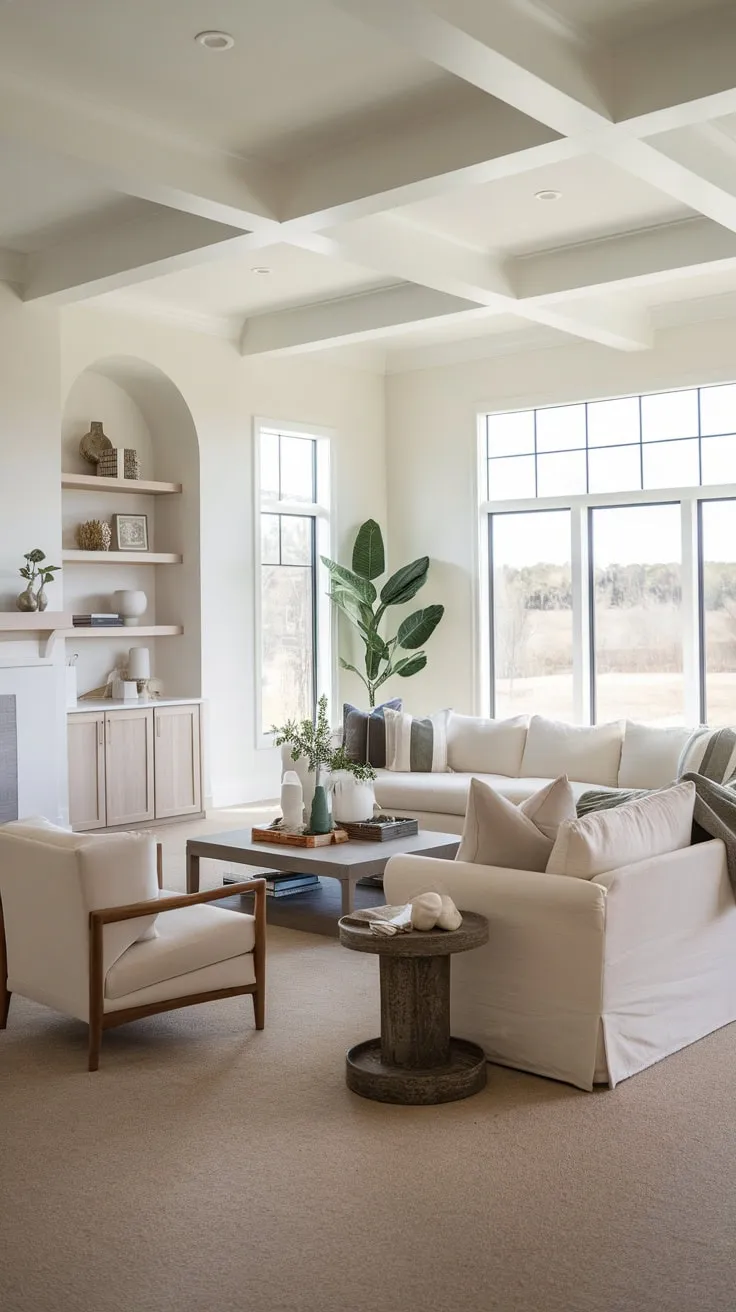 Neutral tones and natural light create a welcoming and spacious modern farmhouse family room perfect for relaxation.