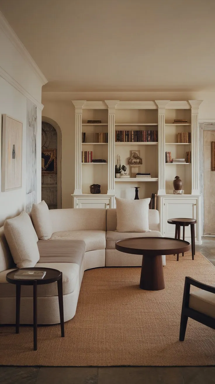 A warm and inviting family room blends modern and vintage furniture creating a cozy neutral space perfect for relaxation