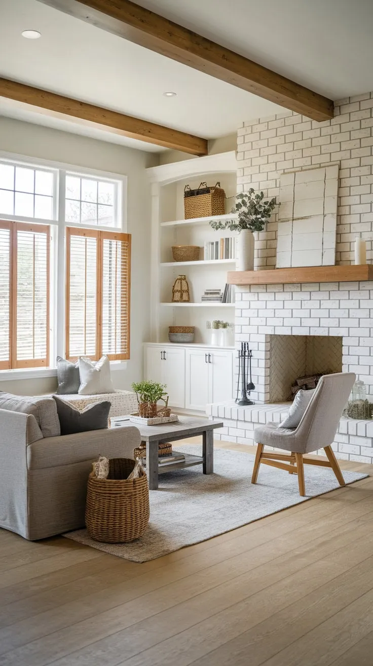 A spacious family room boasts a modern farmhouse charm with a cozy fireplace, ample natural light, and comfortable furnishings.