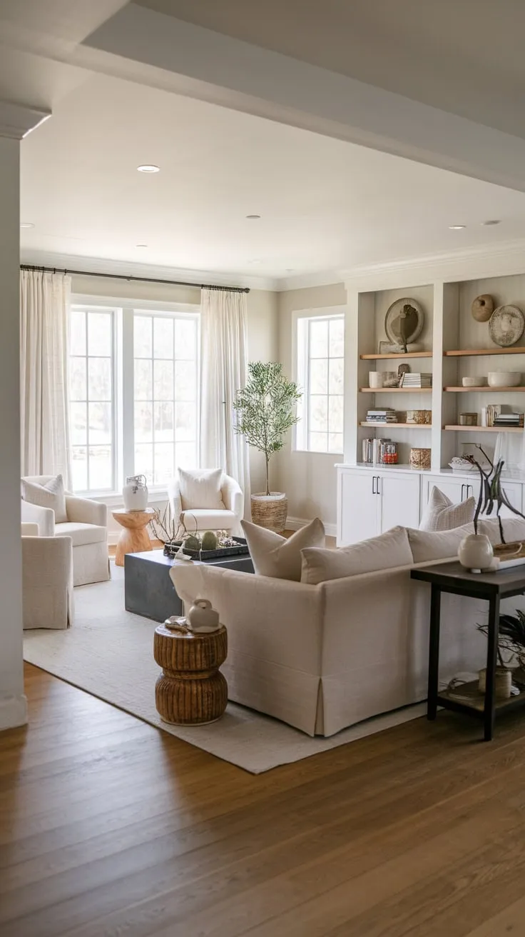 A cozy modern farmhouse family room boasts a neutral palette, hardwood floors, and ample seating for relaxed family gatherings