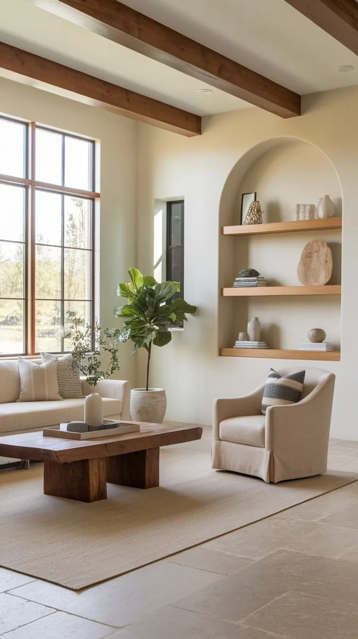 Neutral tones and rustic wood details define this inviting modern farmhouse family room, perfect for relaxation and family gatherings.