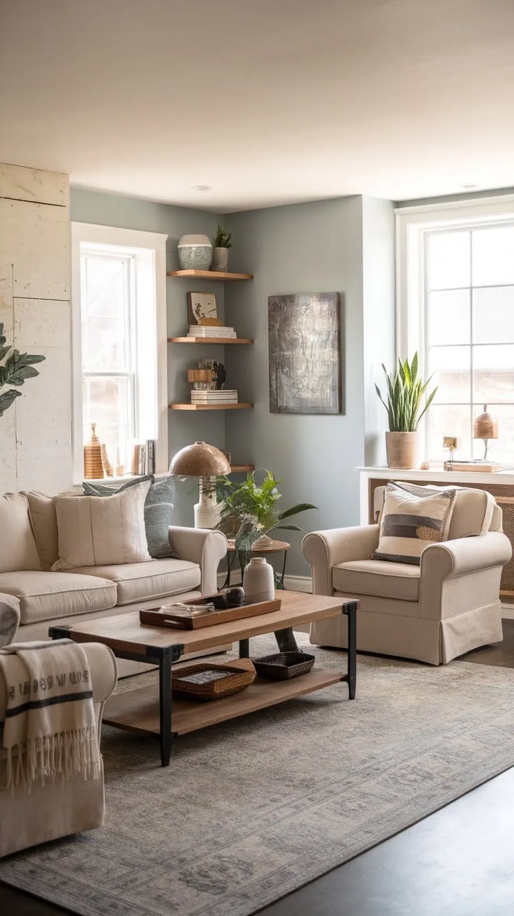 Rustic charm meets modern elegance in this family room, featuring a beige sofa, wooden details, and a calming light blue palette.