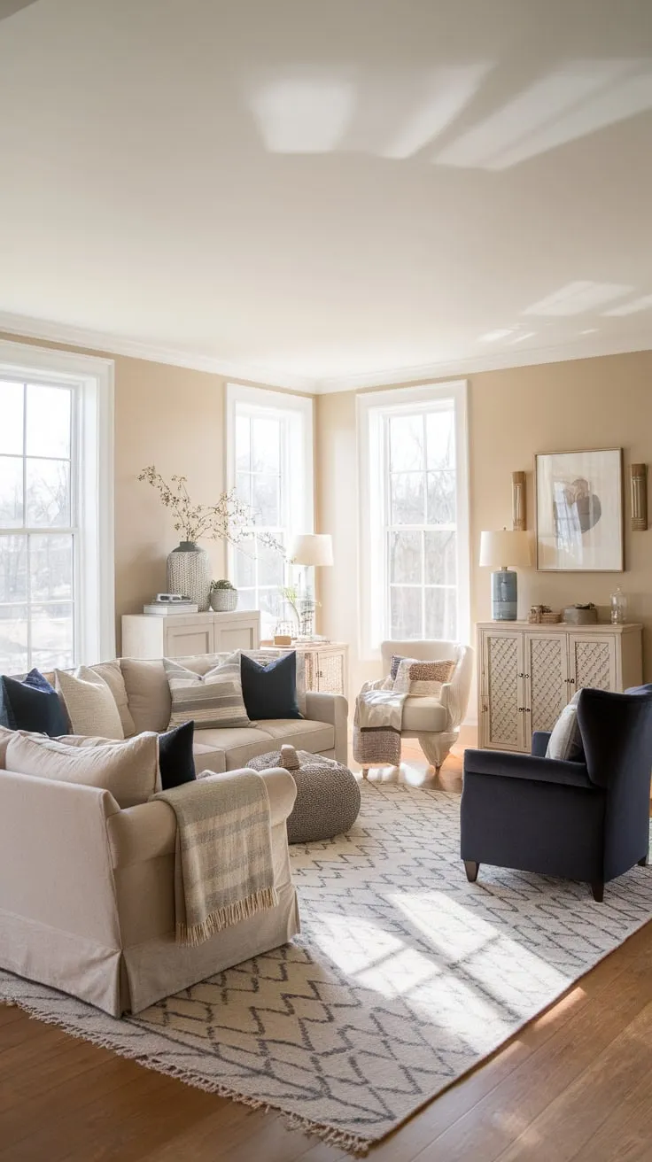 Natural light floods a small yet inviting family room featuring a modern farmhouse aesthetic, comfortable seating, and a geometric rug on hardwood floors.