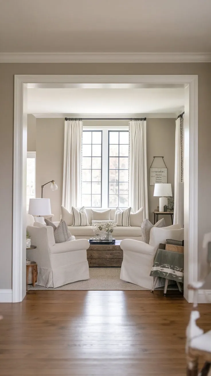 A cozy modern farmhouse family room boasts a neutral palette, hardwood floors, and ample natural light creating an inviting space for family gatherings