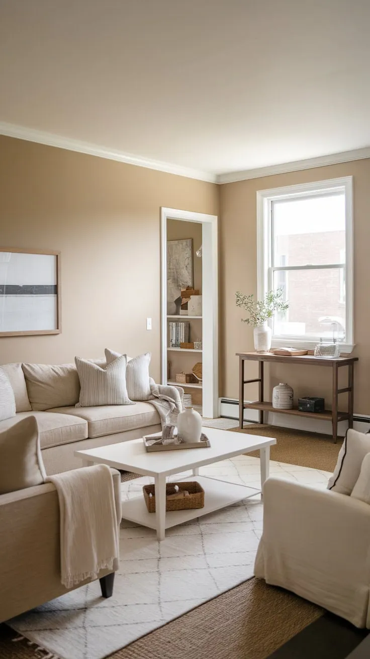 A cozy modern farmhouse family room features a soothing beige palette, complemented by white accents and natural wood, creating a relaxing atmosphere.