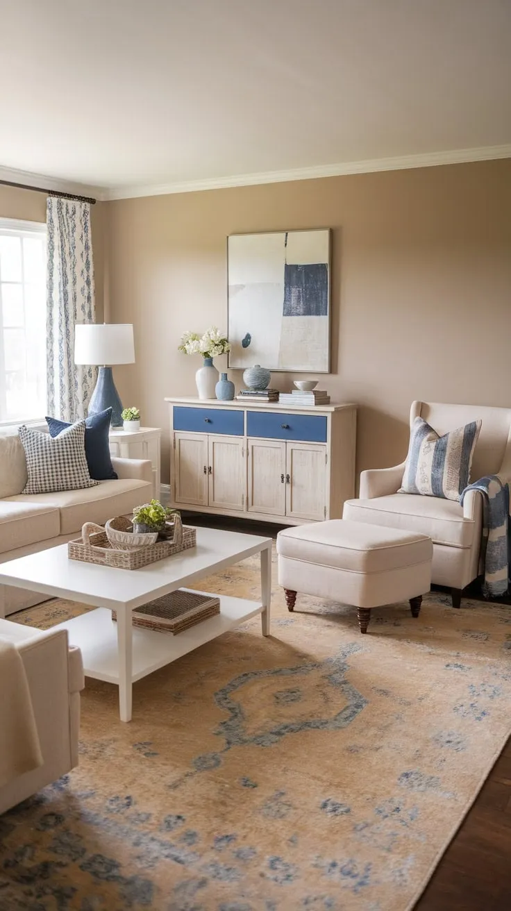 A beige and blue modern farmhouse family room exudes cozy comfort with a neutral palette and stylish accents