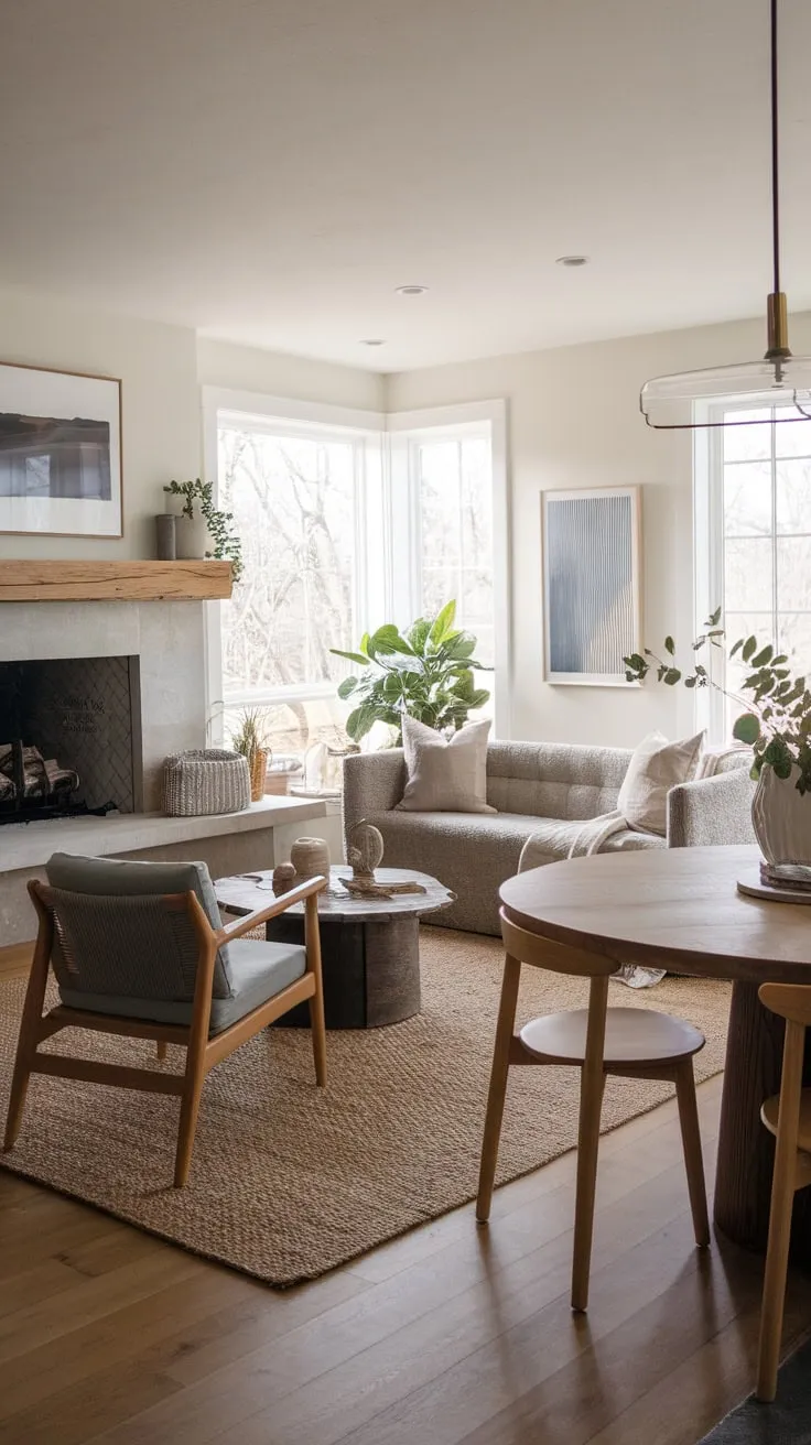 Neutral tones and rustic wood define this inviting modern farmhouse family room, centered around a cozy fireplace and comfortable seating.