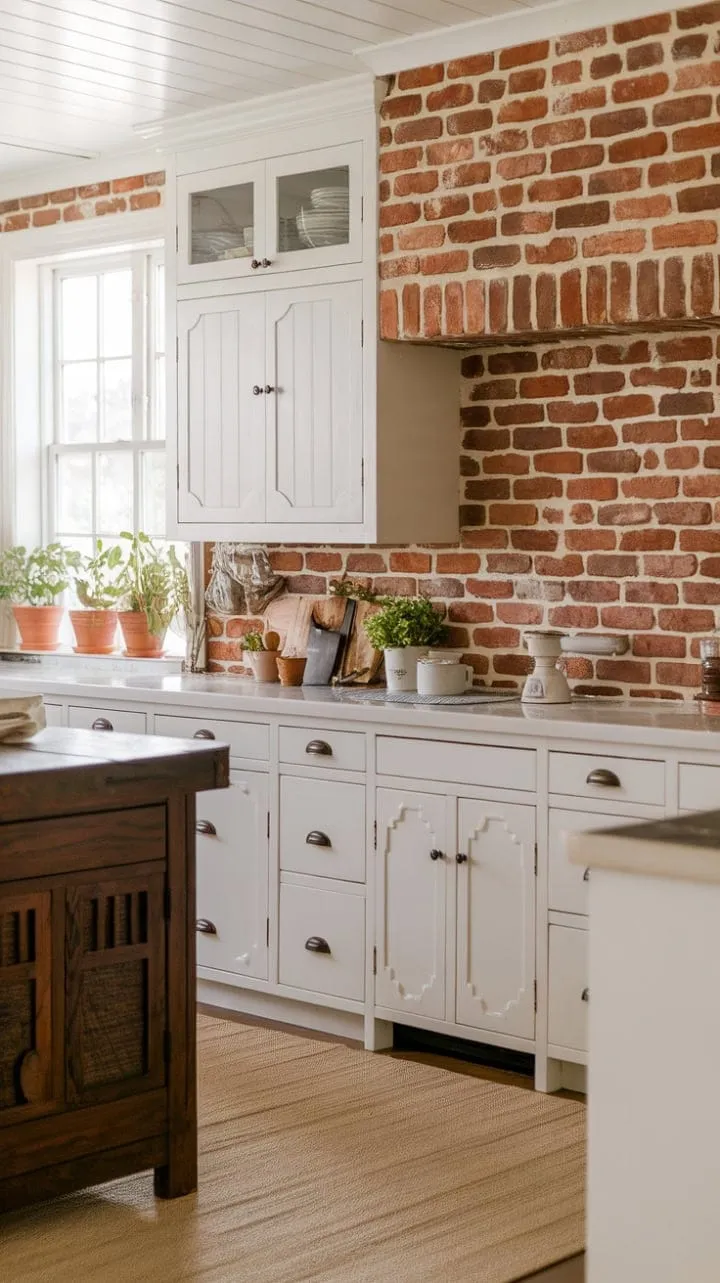 This farmhouse kitchen beautifully blends rustic charm with modern comfort, featuring an aged brick backsplash, crisp white cabinets, and a dark wood island, all enhanced by a touch of greenery for a serene country vibe.