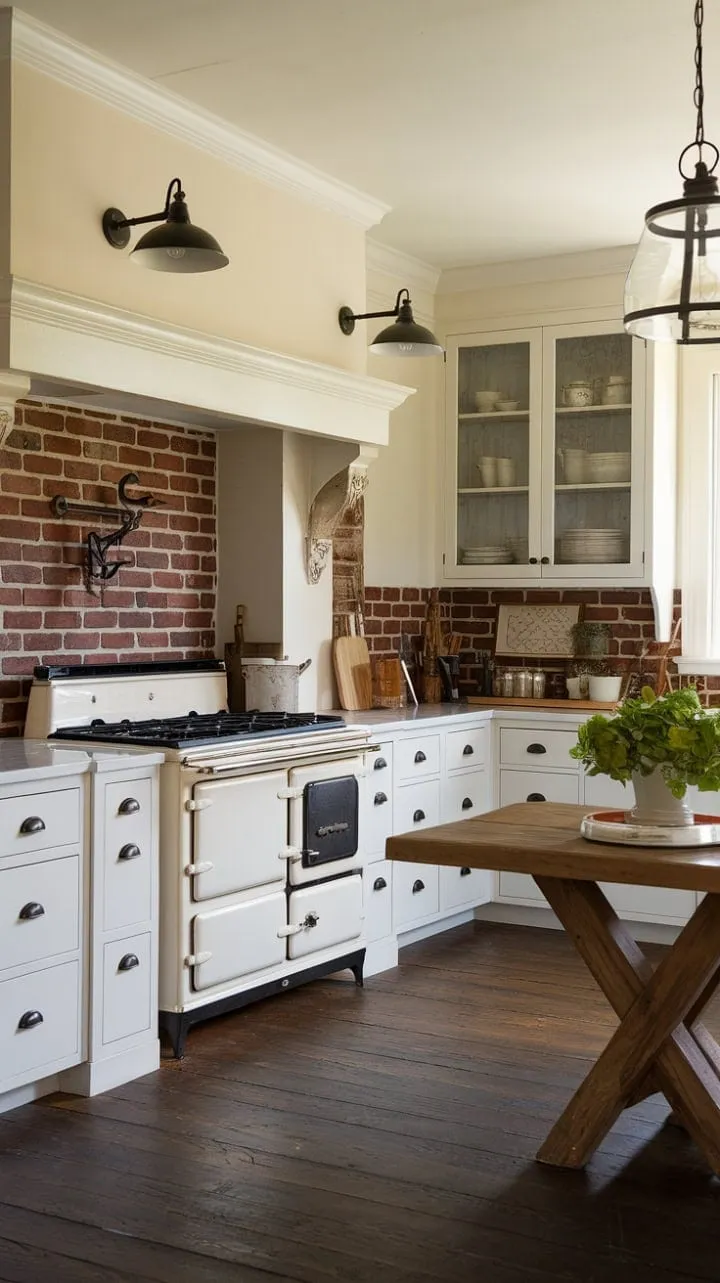 Bathed in sunlight, this charming farmhouse kitchen blends classic white cabinets and red brick with rustic iron fixtures and a wooden table, creating a warm and peaceful sanctuary.